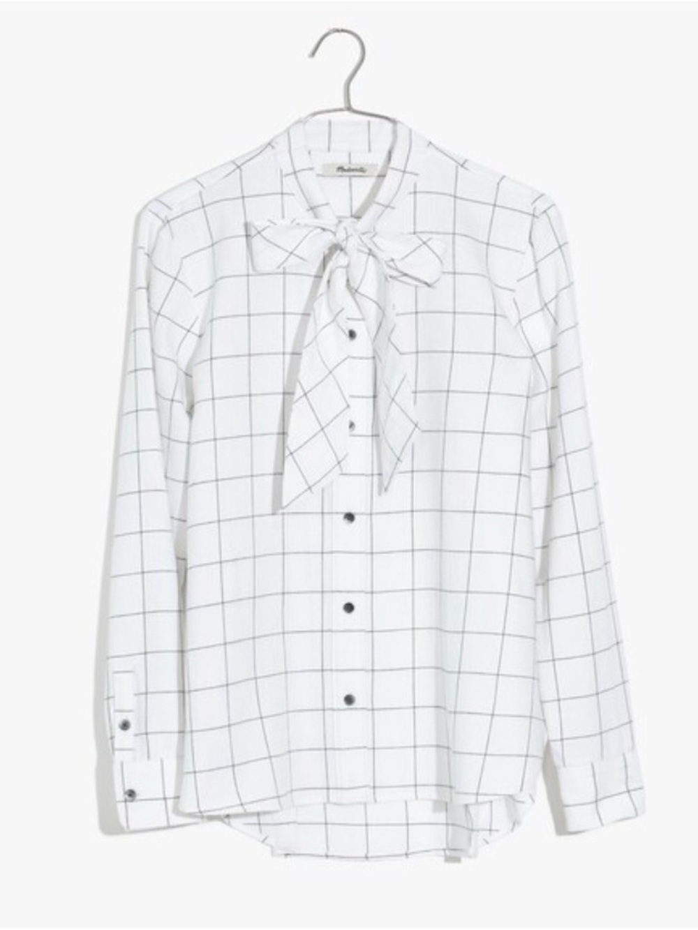 Madewell White Windowpane Tie-Neck Button-Down Shirt Flannel Hi Low Preppy SZ XL